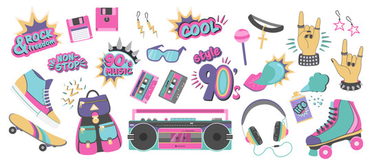 90's mood set illustration in flat design. Pop art stickers 90's flat design. Attributes of pop culture of the 90's. Vector illustration
