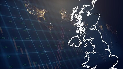 Cg footage of the territory of Great Britain and Northern Ireland with a fill from the flag against the backdrop of moving financial and economic graphs and charts against the backdrop of a world map. - Powered by Adobe