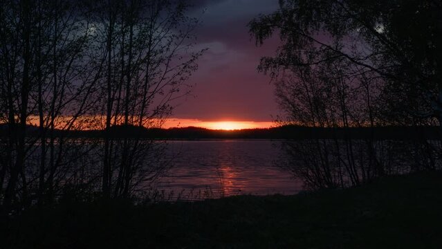 Serene summer sunset setting behind the forest across the lake