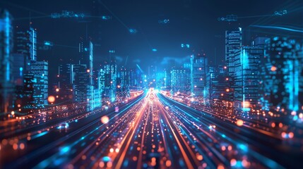 Fototapeta premium Autonomous vehicle highway in a smart city, digital communication lines, futuristic urban landscape, advanced transportation system, night cityscape