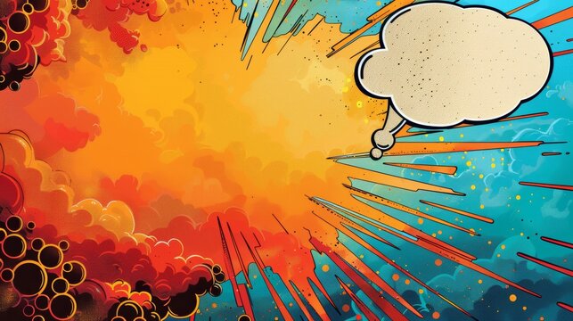 Birthday card design, superhero theme, comic book explosion backdrop, vibrant speech bubble for party details - Powered by Adobe