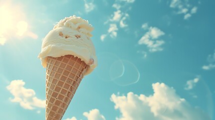 Ice cream cone against a clear blue sky, symbolizing simplicity, focus on, sunny day theme, realistic, double exposure, sky backdrop