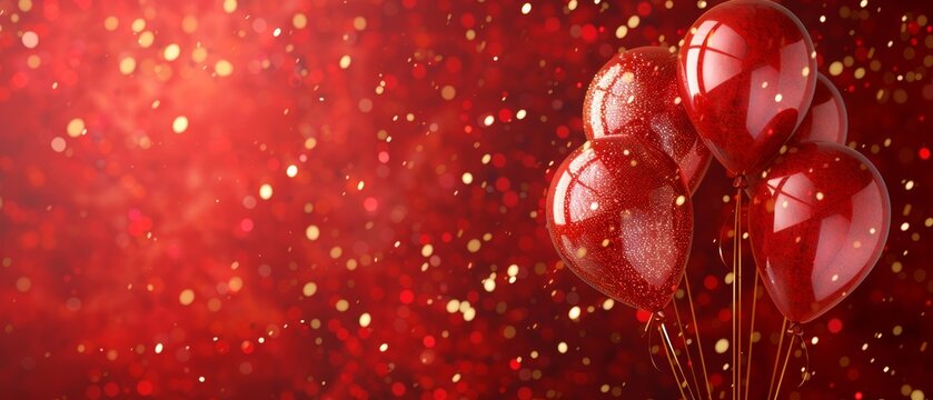 Birthday party with red and gold balloons, background festival celebration, carnival or party, vibrant red template