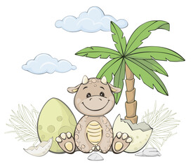 Charming Cute Dinosaur Sitting in a Prehistoric Scene with Palm Trees, Eggs, and Clouds - Vector Friendly Illustration in Childish Style