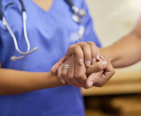 Nurse, holding hands and elderly support in house, patient and trust or hope and compassion with...