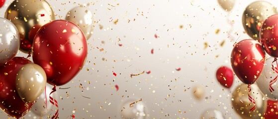 Carnival celebration with red and gold balloons, background party banner, festival or birthday theme, bright red backdrop