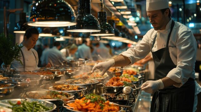 Chefs in white uniforms are preparing seafood dishes at a buffet station with hanging lights