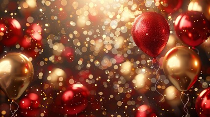 Celebration banner with red and gold balloons and lights, background party theme, birthday or carnival, vibrant festival decoration