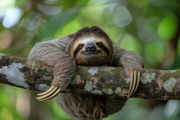 Fototapeta premium Funny sloth hanging on tree branch. Wild animal in the rainforest of Costa Rica