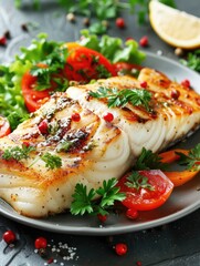 Grilled fish fillet with vegetables on a plate.