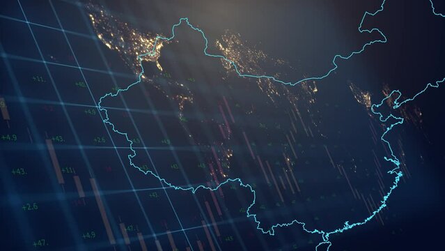 Cg footage from the territory of China with a fill from the flag against the backdrop of moving financial and economic graphs and charts against the backdrop of a world map