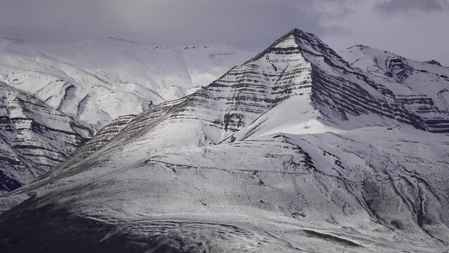 Snowy Cerro piramide mountain near Chalten,Patagonia. Shadow of clouds on snowy hillside. Time lapse wide shot.