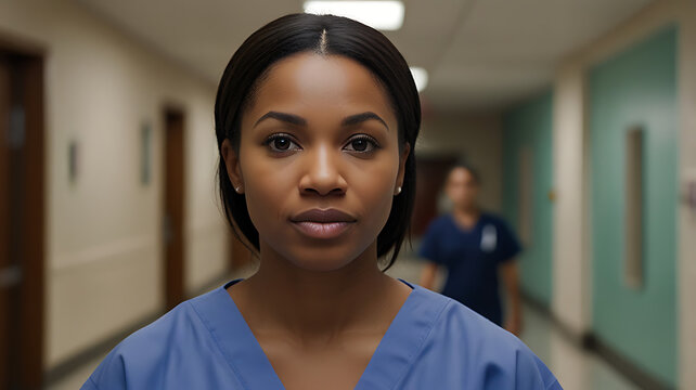 Closeup portrait of Healthcare Worker in Scrubs Standing in Hospital's Hallway or corridor
