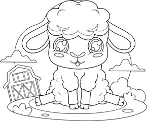 Outlined Cute Baby Sheep Animal Cartoon Character. Vector Hand Drawn Illustration Isolated On Transparent Background