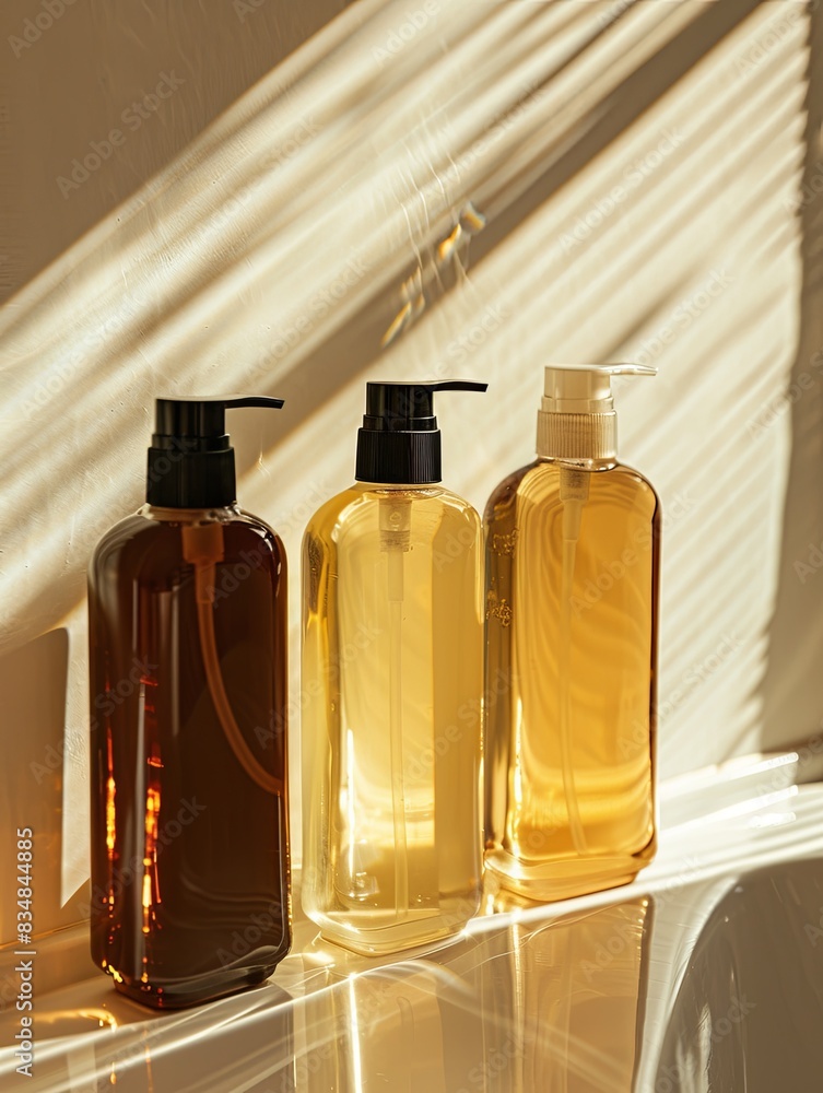 Poster three elegant bottles of shampoo and conditioner stand on a bathroom counter. generative ai