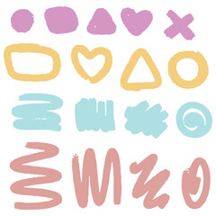 Set of colored hand drawn grunge design elements. Hand draw brush lines. Set of drawn brush draw doodles. Vector illustration