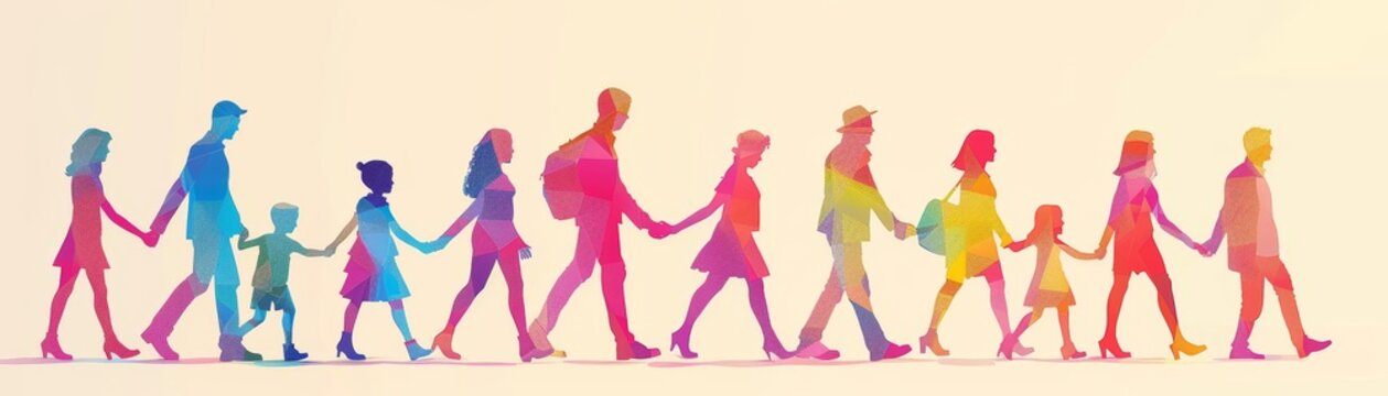 Colorful silhouette of diverse family walking hand in hand, showcasing togetherness and unity against a light background.