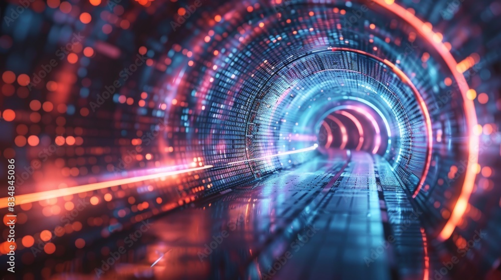 Poster digital tunnel with futuristic lighting and data flow, abstract technology and innovation theme, ai 