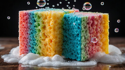 Colorful Sponge Stacked on each other covered in soap foam or soap bubble froths with copy space
