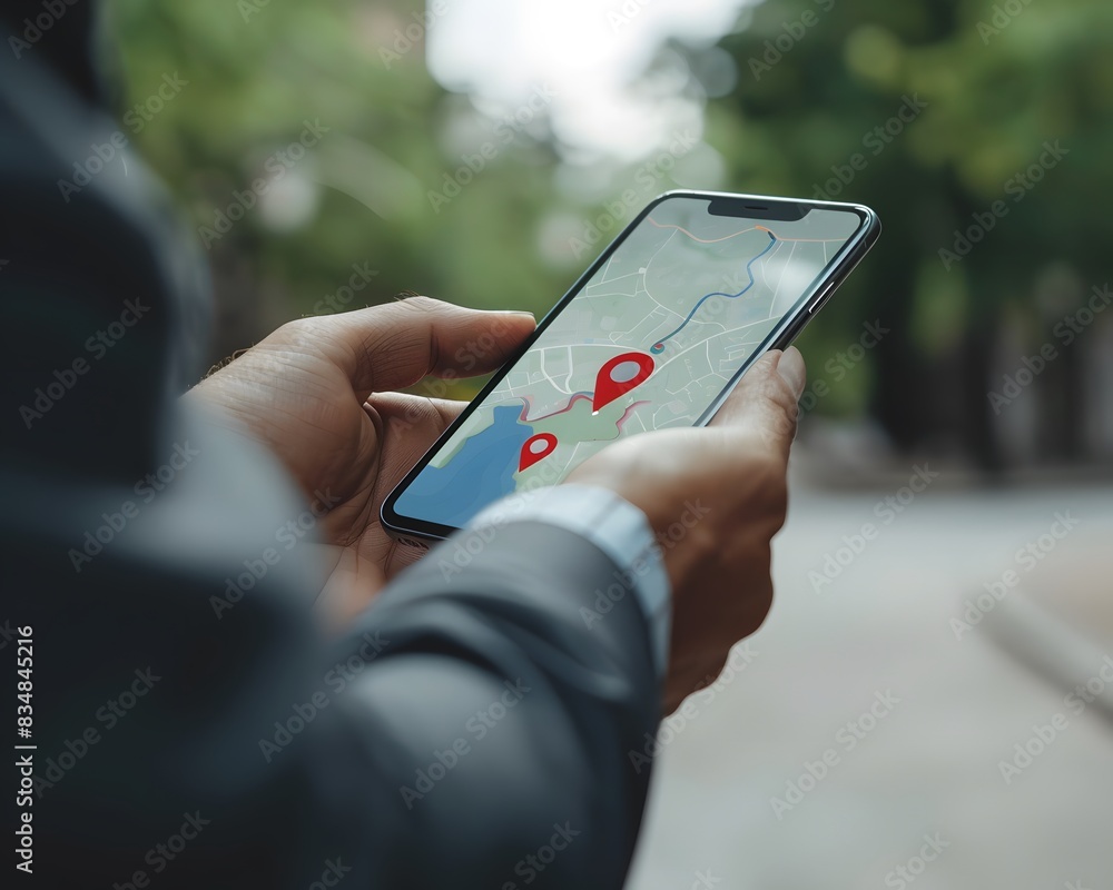 Fototapete close up of a man in a suit using a smartphone with a map app and location pin on the screen