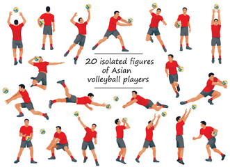Vector figures of Asian volleyball team players in red T-shirts in various poses training, running, jumping, throwing, hitting the ball