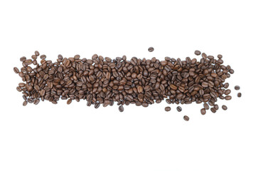 Pile of roasted coffee beans isolated on white, top view