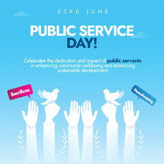 Public service day banner, social media post. 23rd June UN's public service day appreciation banner with hands and doves in white silhouette and sky blue background. 
