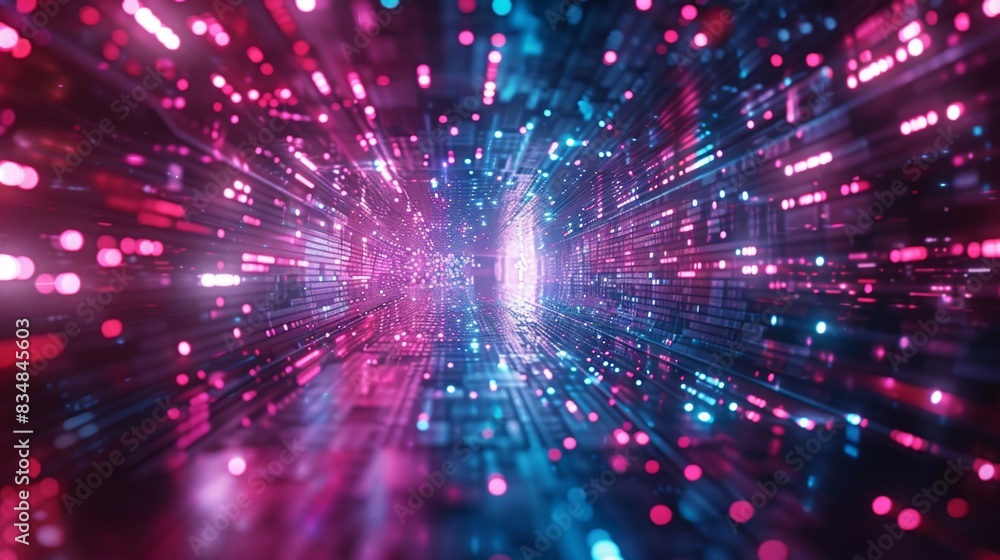 Poster glowing lights and data flow in an abstract digital tunnel, representing futuristic technology and a