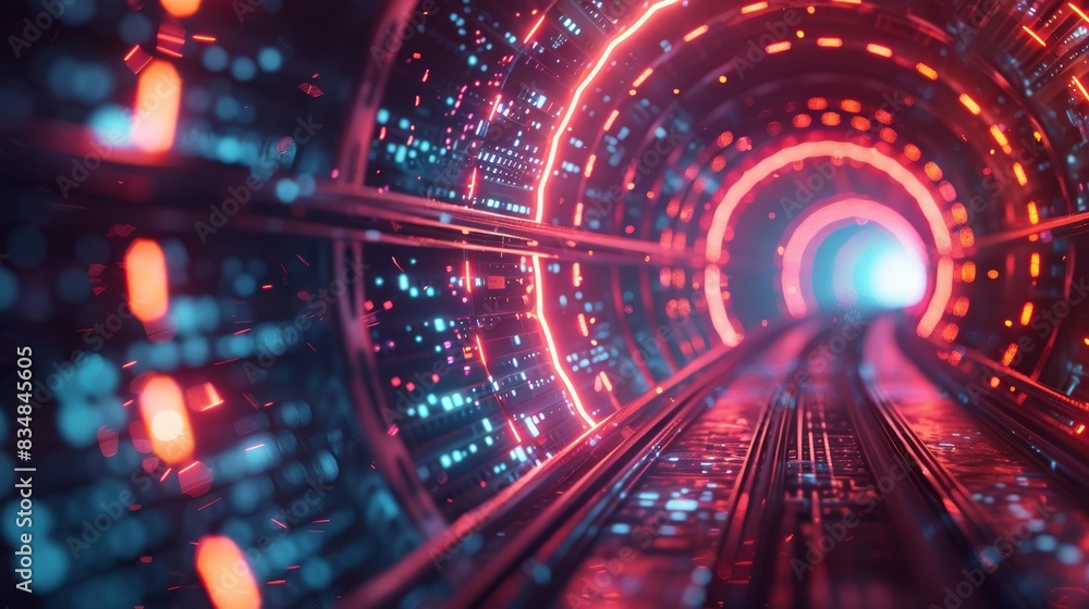 Aufkleber glowing lights and data flow in an abstract digital tunnel, representing futuristic technology and a