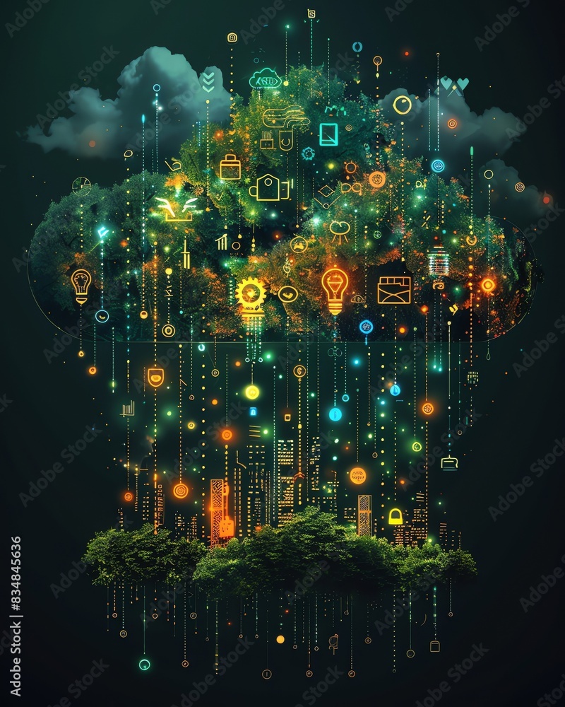 Poster digital transformation concept with luminous icons and technology tree symbolizing cloud computing, 