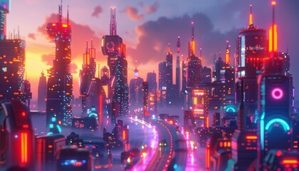 Neon-lit futuristic cyberpunk cityscape at sunset with glowing skyscrapers, vibrant lights, and a bustling metropolis under a colorful sky.
