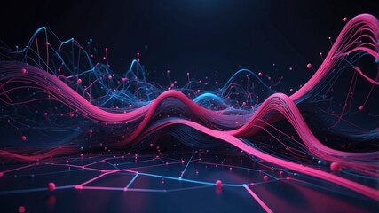 Bold abstract portrayal of big data, showcasing dynamic dark blue and pink lines symbolizing data flow and connectivity, complemented by red and blue glow dots