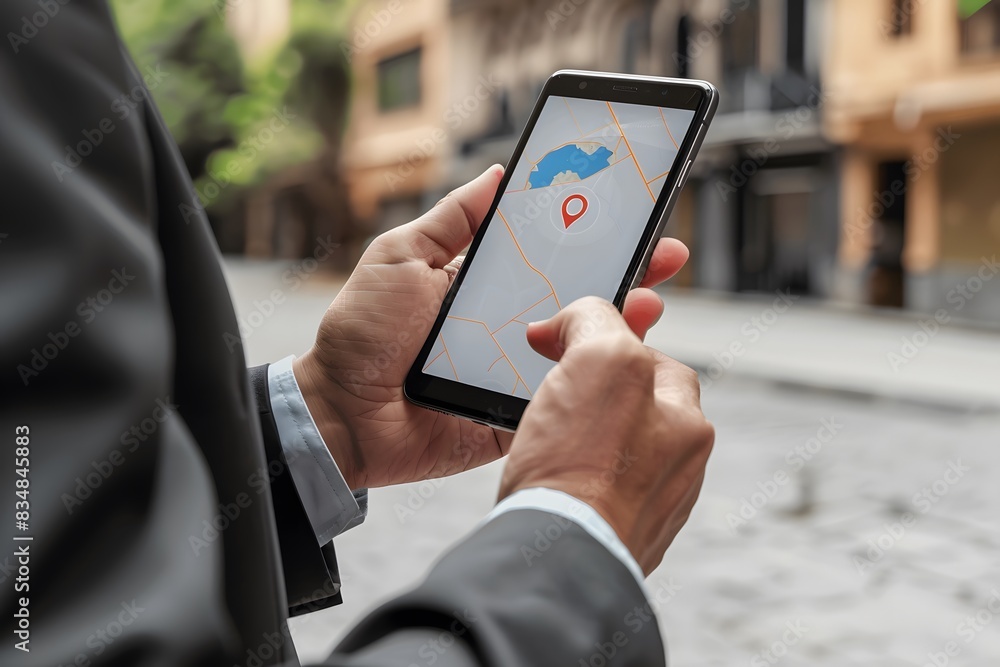Fototapete close up of a man in a suit using a smartphone with a map app and location pin on the screen