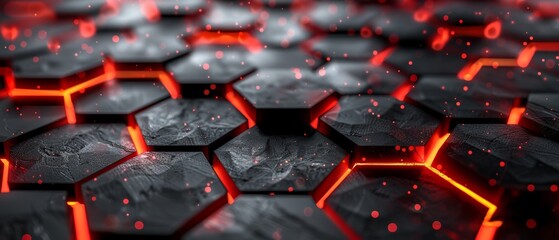 Fototapeta premium Hexagonal metallic surface with carbon black detailing, advanced 3D rendering, deep red light enhancement, futuristic design