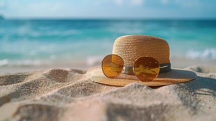 Straw hat the sand ocean beach, sunglasses on seashore background, summer day, copy space