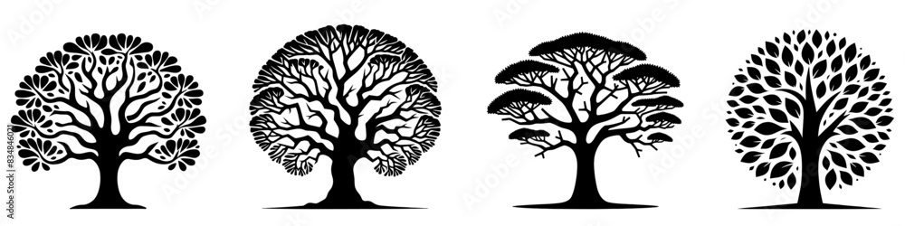 Poster tree logo design. set of isolated tree icons. black tree symbol with leaves. vector illustration.
