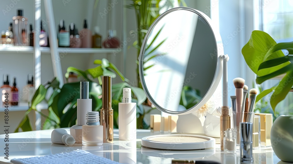 Poster a well-lit vanity table with a tabletop mirror, surrounded by cosmetics and brushes. generative ai