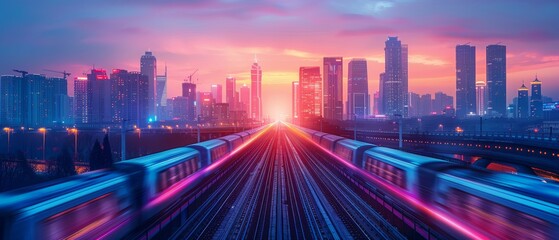 Maglev train network, urban landscape at dusk, glowing digital connections, futuristic city skyline, advanced transportation system