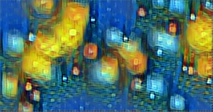 Animation of starry night sky in impressionist flat colors style. Psychedelic abstraction in the style of large bright spots that look like large strokes of paint.