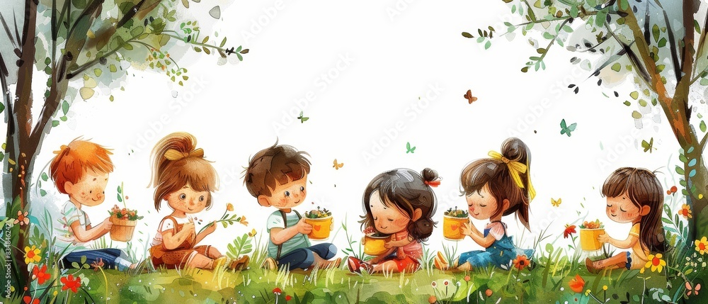 Wall mural vector art of diverse children enjoying a fun picnic in the park for children's day.