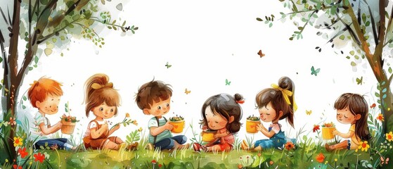 Vector art of diverse children enjoying a fun picnic in the park for Children's Day. 