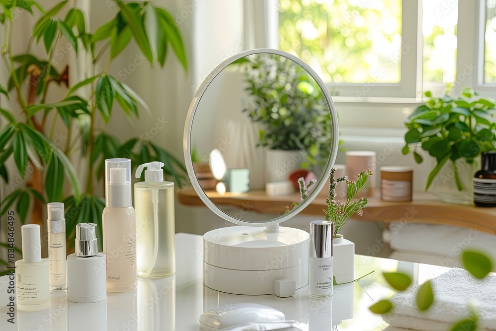 Poster a white countertop mirror with multiple cosmetic bottles and plants in a bathroom setting. generativ