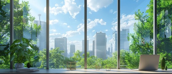 Office setting with view of green city through window, ecofriendly urban workplace, lush background