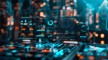futuristic digital dashboard with data visualizations and graphs, floating in the air above an advanced computer setup