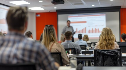 Business professional presenting data and charts to a group of colleagues in a modern office setting