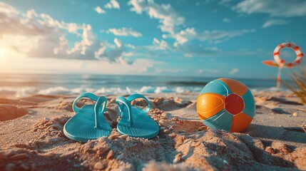 Obraz premium Summer vacation concept: flip-flops, beach ball, and snorkel on the sand