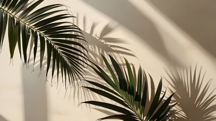 Fototapeta premium Blurred shadow from palm leaves on light cream wall. Minimalistic beautiful summer spring background for product presentation