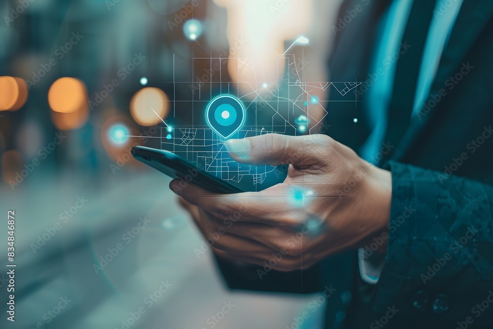 Aufkleber close up of a man in a suit using a smartphone with a map app and location pin on the screen
