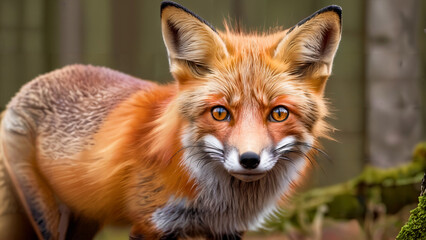 red fox portrait with bushy tail and curious eyes in the forest