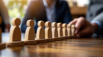 Hand adding human figures in a team concept with wooden figures in a row, Human resources and representation of employees or worker groups in an office. generative AI